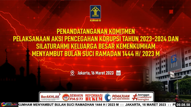 Tangkap layar kegiatan Penandatanganan Komitmen Aksi Pencegahan Korupsi dan Silaturahmi Keluarga Besar Kemenkumham Menyambut Bulan Suci Ramadhan 1444H