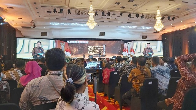 Presiden Jokowi menghadiri PPKM Award, Senin (20/3/2023). Foto: Nadia Riso/kumparan