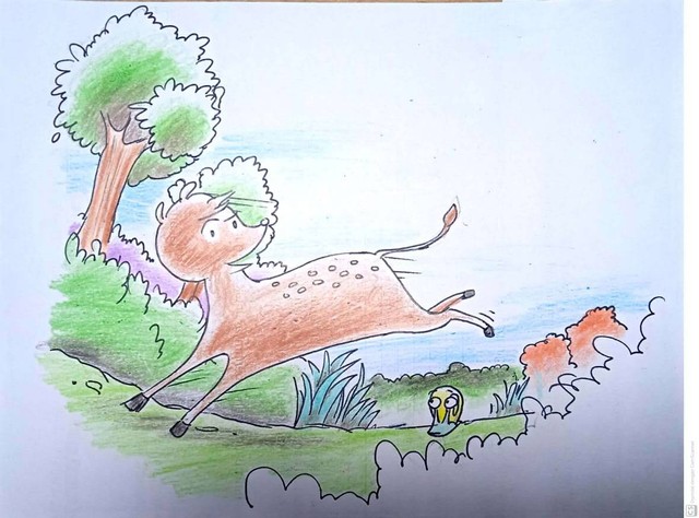 Ilustrasi Lomba Adu Lari Kancil dan Siput karya: Hanif FM (Anak Pertama Penulis)
