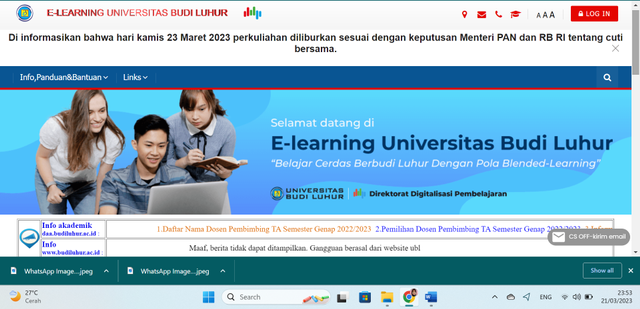 Laman Website Pembelajaran Daring Melalui Website Resmi Universitas Budi Luhur (sumber.Tangkapan Layar Pribadi)