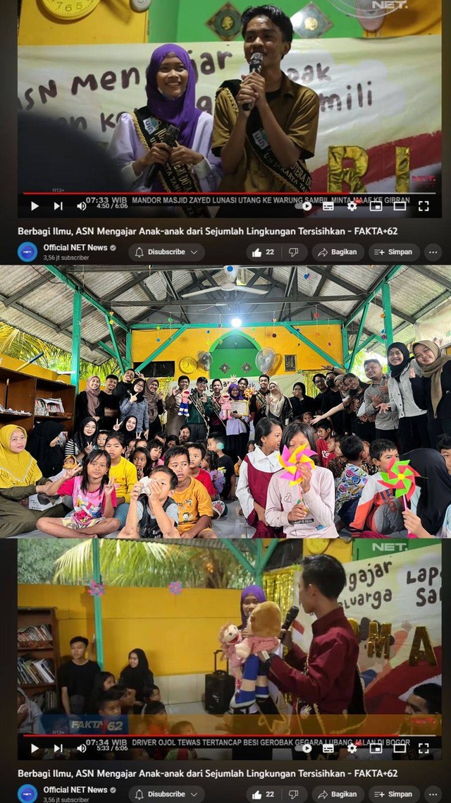 Sesi penyampaian materi oleh Duta Genre UIN Jakarta dan foto bersama dalam acara Yomari (Foto: tangkapan layar YouTube Official Net News dan dokumentasi ASN Mengajar).