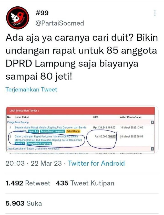 Cuitan di Twitter yang viral menyinggung cetak undangan rapat paripurna DPRD Lampung. 