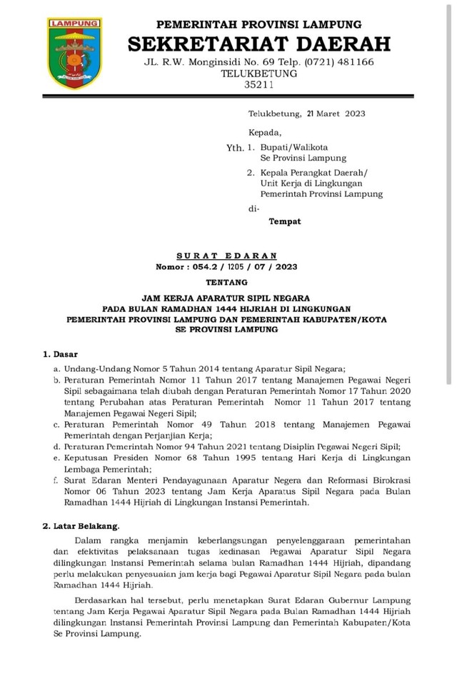 Aturan Jam Kerja ASN di Lampung Selama Ramadhan, Pulang Lebih Cepat (1)