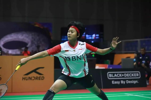 Pebulu tangkis tunggal putri Indonesia, Putri Kusuma Wardani, saat bertanding di Kejuaraan Bulu Tangkis Asia Beregu di Dubai Exhibition Centre, Dubai, Uni Emirat Arab, 15 Februari 2023. Foto: PBSI