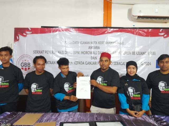 Serikat Pekerja Nasional (SPN) di Morowali dalam mendeklarasikan dukungan untuk Ganjar Pranowo di Pilpres 2024, Jumat (24/3.2023). Foto: Dok. Istimewa