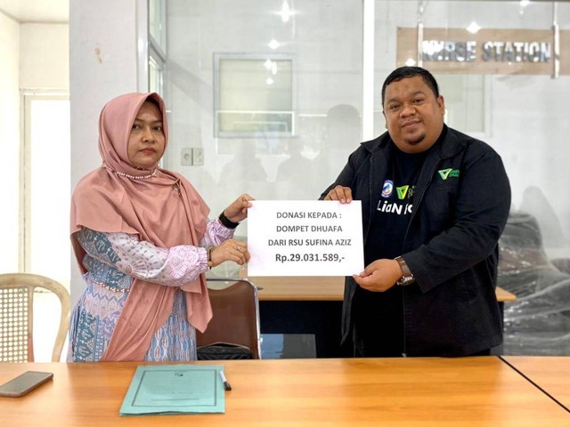 Dompet Dhuafa Waspada menerima donasi sebesar Rp29.031.569 dari RSU Sufina Aziz, Kamis (23/3).