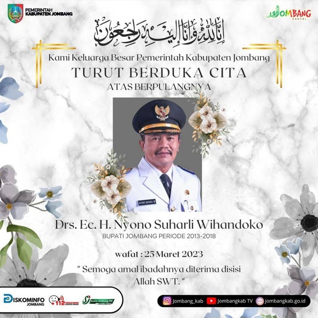 Berita Duka, Mantan Bupati Jombang Nyono Suherli Wihandoko Wafat
