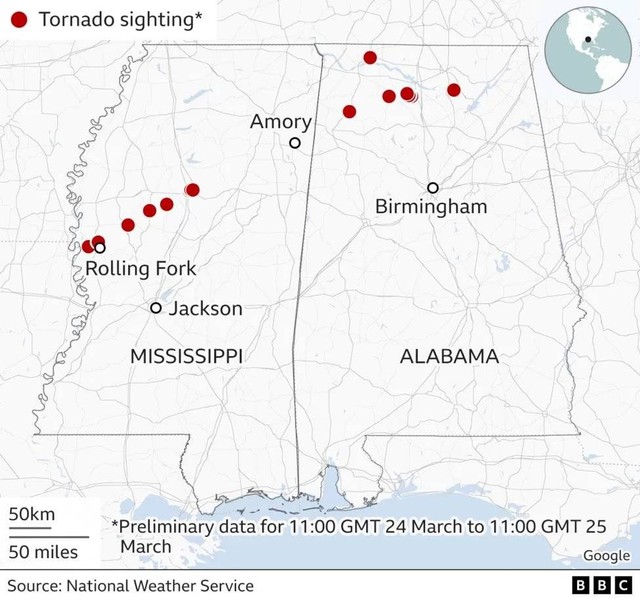 Peta yang menunjukkan area yang terdampak Tornado di sepanjang Mississippi dan Alabama.