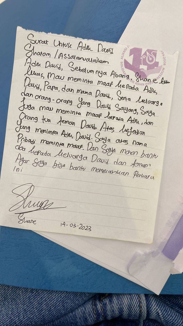 Surat permitaan maaf Shane Lukas ke David Ozora. Foto: Dok. Istimewa