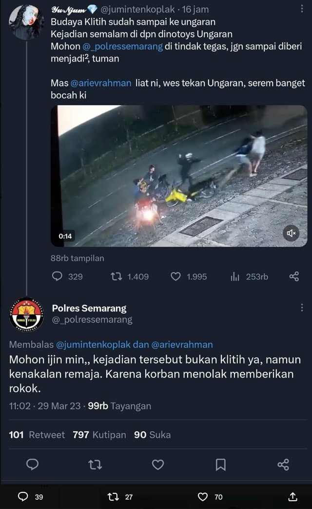 Tangkapan layar jawaban Polres Semarang melalui akun Twitter-nya. Dok: Istimew.