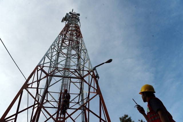 Pekerja melakukan pemeliharaan jaringan di salah satu tower BTS XL di Luwuk Banggai, Sulawesi Tengah, Kamis (16/3/2023). Foto: Yusran Uccang/ANTARA FOTO 