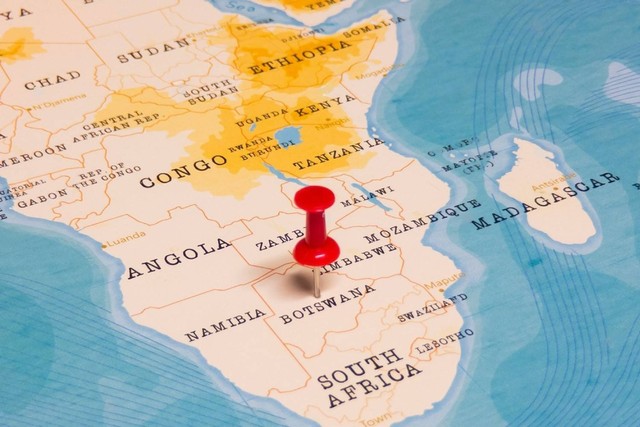 A Red Pin on Botswana of the World Map. Sumber: hyotographics/shutterstock.com