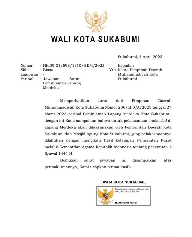 Surat Wali Kota Sukabumi ke Muhammadiyah soal Salat Id di Lapangan Merdeka. Foto: Dok. Istimewa