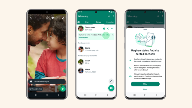 WhatsApp Status kini bisa di-share ke Facebook Story. Foto: WhatsApp