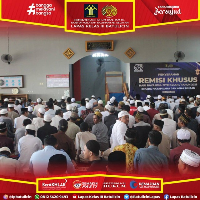 seluruh petugas Lapas Batulicin dan ratusan Warga Binaan Pemasyarakatan (WBP) melaksanakan Sholat Ied secara berjamaah