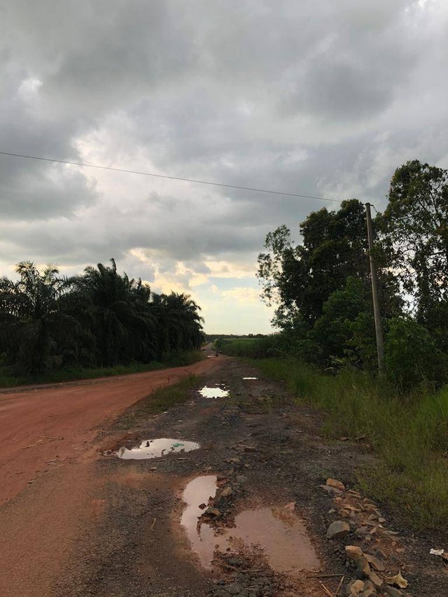 Jalan aspal yang tercampur tanah di akses menuju sekolah di Kecamatan Negara Batin, Kabupaten Way Kanan, Lampung. Foto: Bella Sardio/Lampung Geh