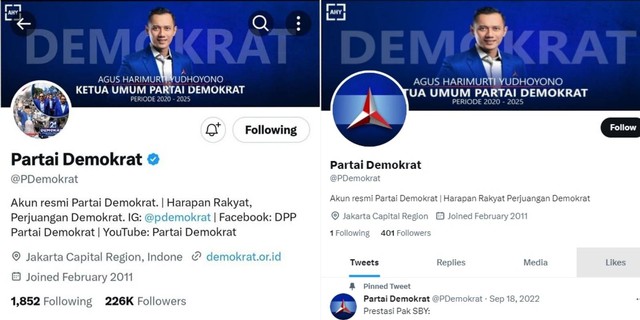 Followers akun Twitter Partai Demokrat hilang. Foto: Twitter/@PDemokrat