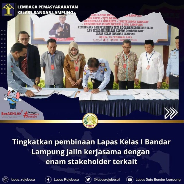 Penandatangan perjanjian kerja sama Lapas Kelas I Bandar Lampung dan enam Stakeholder. Rabu (15/02/2023). Foto : Humas Lapas_Rajabasa