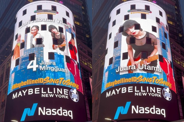 Para pemenang #MaybellineIDSingToShine diumumkan di billboard New York Times Square. Foto: Maybelline Indonesia