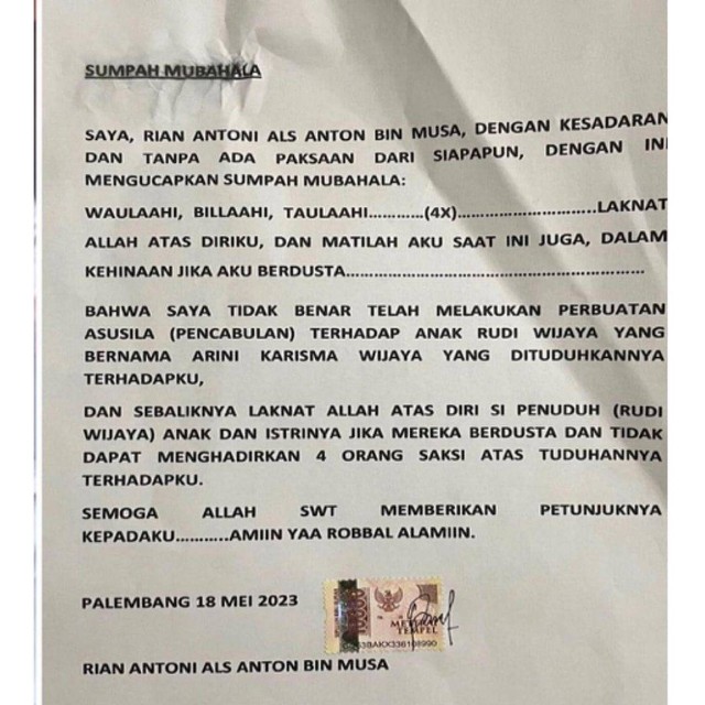 Surat sumpah pocong yang dilakukan pria di Palembang, Foto : Istimewa