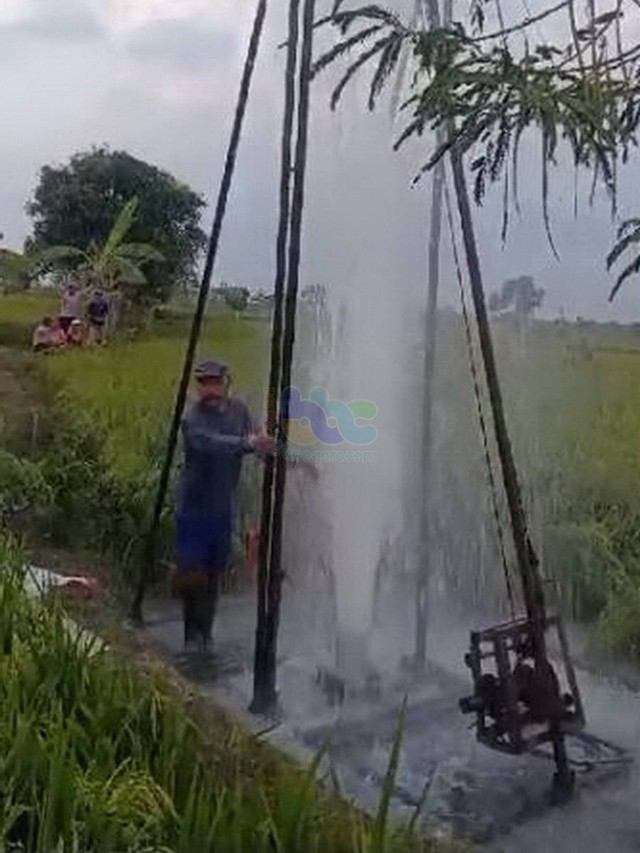 Semburan air di area persawahan Desa Kunci, Kecamatan Dander, Kabupaten Bojonegoro, Jawa Timur. Minggu (21/05/2023). (Foto: Dok Istimewa)