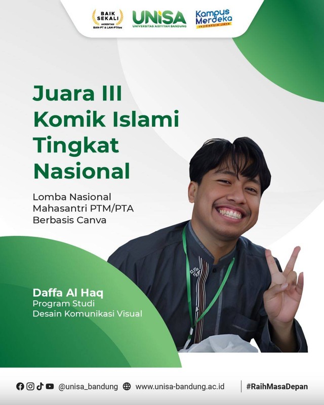 (Daffa Alhaq Mahasiswa Sarjana Desain Komunikasi Visual Unisa Bandung yang meraih juara III Komik Islami tingkat Nasional. Dokumentasi : Humas Unisa Bandung) 