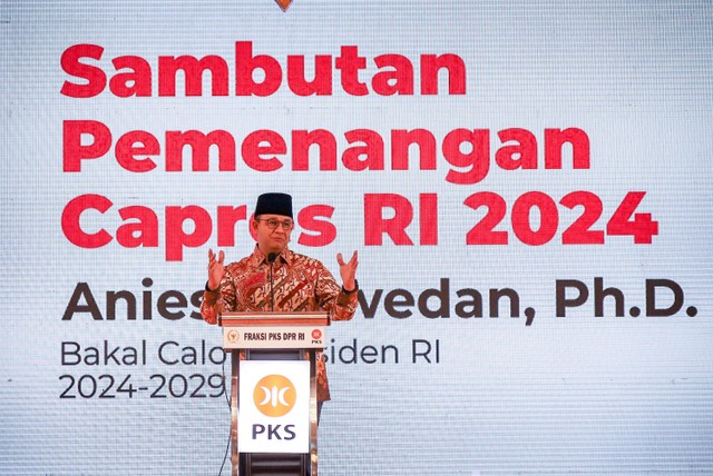 Bacapres Anies Baswedan menyampaikan orasi pemenangan Capres RI 2024 pada acara Konsolidasi Nasional Fraksi PKS di Hotel Millenium, Jakarta, Selasa (30/5/2023). Foto: Jamal Ramadhan/kumparan