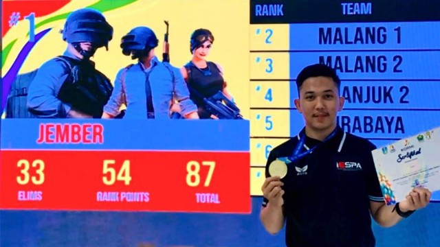 Firman Adhimah S.J Mahasiswa Prodi Manajemen Unmuh Jember yang tergabung dalam tim Esport Kabupaten Jember saat timnya meraih medali emas dalam Forda Jatim Cabor Esport PUBG Mobile (Sumber : Humas Unmuh Jember).