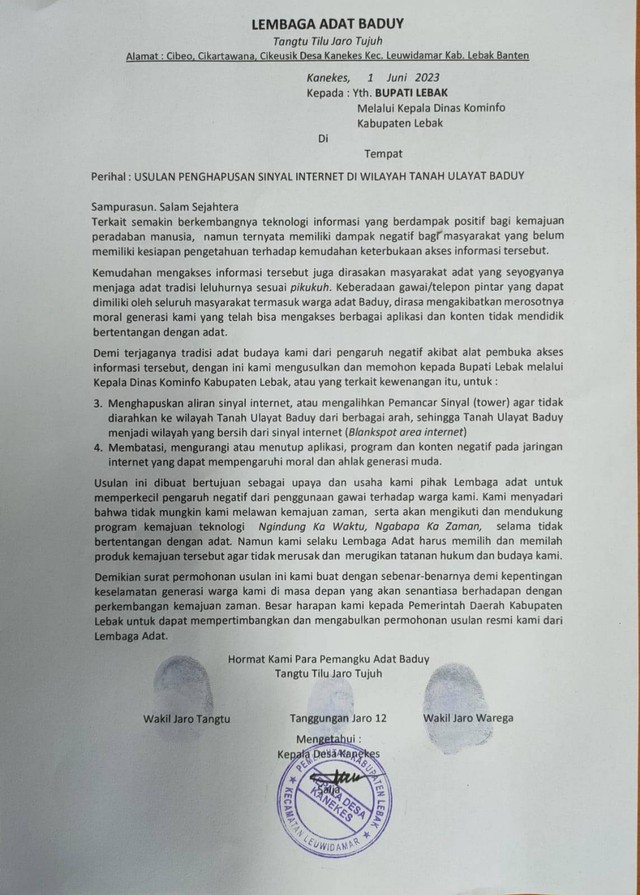 Surat Lembaga Adat Badut ke Pemerintah Kabupaten Lebak untuk menghilangkan sinyal internet di wilayah adat Baduy.  Foto: Dok. Istimewa