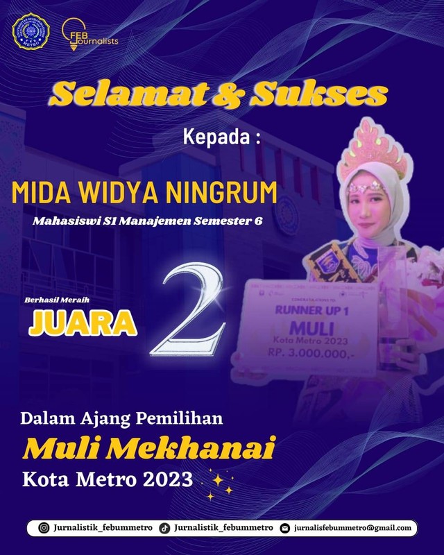 Mida Widya Ningrum mahasiswa FEB UM Metro raih Juara 2 Muli Kota Metro Tahun 2023 pada grand final Muli Mekhanai Kota Metro. Sumber gambar: ig jurnalismuda_febummetro