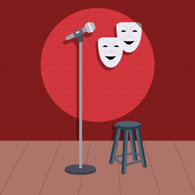 Ilustrasi Stand up comedy show with mic and many others property. Sumber: Shutterstock.com