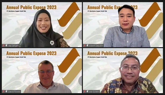 Susunan Direksi PT Merdeka Copper Gold Tbk (MDKA) dalam paparan publik virtual, Selasa (13/6/2023). Foto: MDKA
