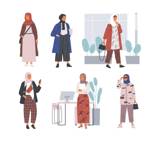 Ilustrasi Bundel wanita Muslim muda modern mengenakan pakaian trendi dan hijab. Sumber: Shutterstock.com 