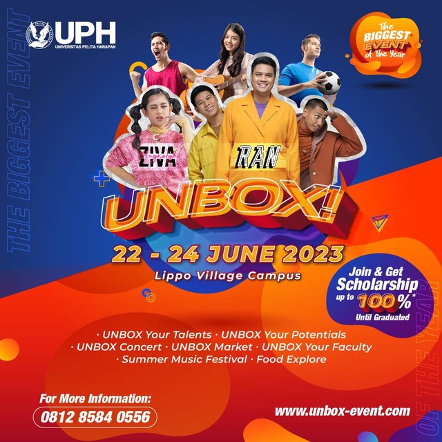 Acara ‘UNBOX! UPH‘ yang akan berlangsung pada tanggal 22-24 Juni 2023 di UPH Kampus Lippo Village, Tangerang. Acara ini akan memberikan pengalaman tak terlupakan, termasuk kompetisi, sesi-sesi yang seru dan bermanfaat untuk pengembangan diri, serta konser musik yang menghadirkan penampil terkenal seperti RAN dan Ziva Magnolya.