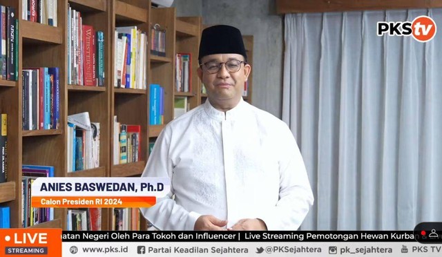 Bacapres Koalisi Perubahan untuk Persatuan, Anies Baswedan, dalam acara Launching Gerakan Dzikir Kemenangan dan Keselamatan Negeri di Kantor DPP PKS, Jakarta, Selasa (20/6/2023). Foto: PKS TV