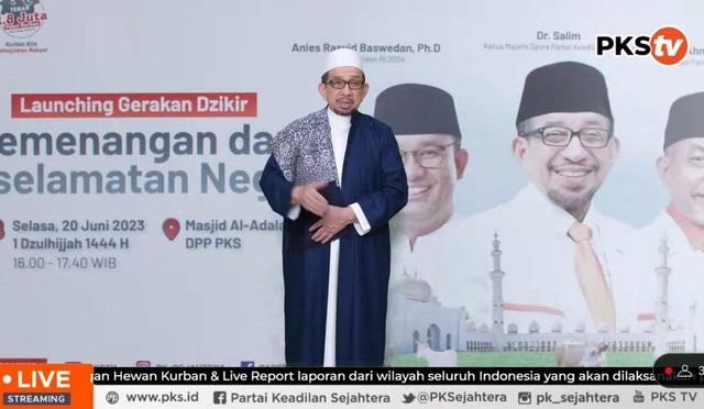 Ketua Majelis Syura PKS, Habib Salim Segaf Al Jufri dalam acara Launching Gerakan Dzikir Kemenangan dan Keselamatan Negeri di Kantor DPP PKS, Jakarta, Selasa (20/6/2023). Foto: PKS TV