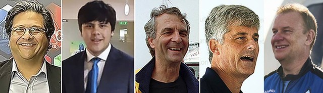 Kolase foto ini menunjukkan dari kiri, Shahzada Dawood, Suleman Dawood, Paul-Henri Nargeolet, Stockton Rush, dan Hamish Harding menjadi korban kapal selam Titan yang hilang meledak di dekat reruntuhan Titanic. Foto: AP Photo