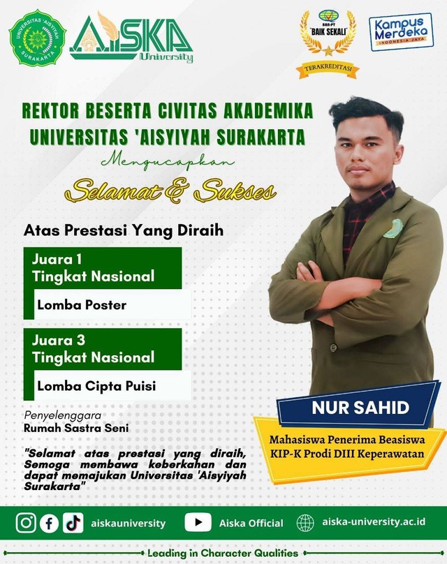 Nur Sahid, mahasiswa D3 Keperawatan AISKA, juara Lomba Cipta Puisi Tingkat Nasional dan Lomba Poster Tingkat Nasional yang diadakan oleh Rumah Sastra Seni (RUSANI). (dok)