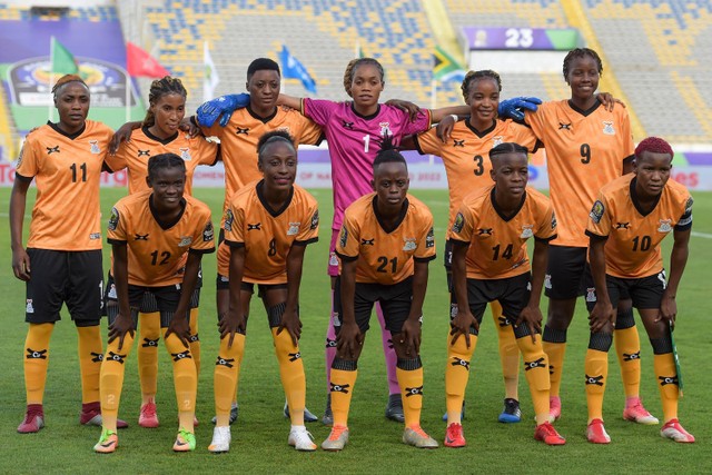 Pemain timnas wanita Zambia pada laga semifinal Piala Afrika Wanita 2022 melawan Afrika Selatan di Stadion Mohammed V di Casablanca pada 18 Juli 2022. Foto: AFP