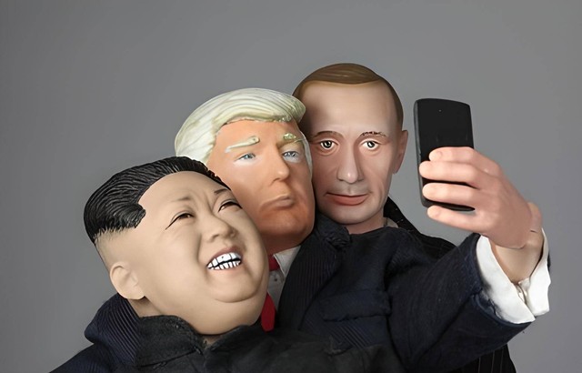Ilustrasi karikatur Presiden AS, Donald Trump, berswafoto dengan Pemimpin Tertinggi Korea Utara, Kim Jong Un, dan Presiden Rusia, Vladimir Putin. Foto: Willrow Hood/Shutterstock