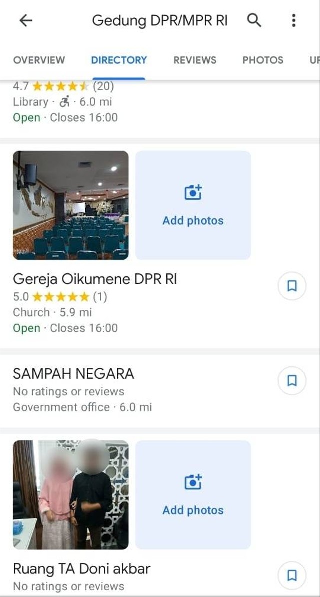 Gedung DPR Ditandai Banteng Tidur hingga Sampah Negara di Google Maps. Foto: Dok. Istimewa