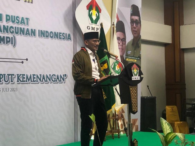 Ketua Bappilu PPP Sandiaga Uno dalam acara pembukaan pendidikan kader nasional III Generasi Muda Pembangunan Indonesia (GMPI) di Hotel Kaisar, Jakarta, Senin (3/7). Foto: Zamachsyari/kumparan