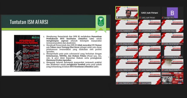 Kastrad BEMF-Farmasi Universitas Ahmad Dahlan (UAD) adakan webinar kajian isu strategis kefarmasian tentang RUU Omnibus Law Kesehatan (Foto: Istimewa)