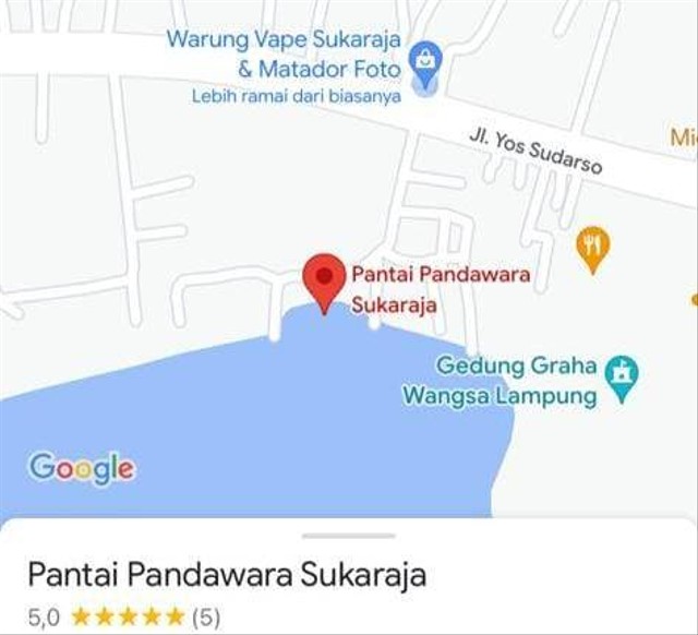 Nama Pantai Sukaraja, Bandar Lampung di google maps. | Foto: Tangkap layar