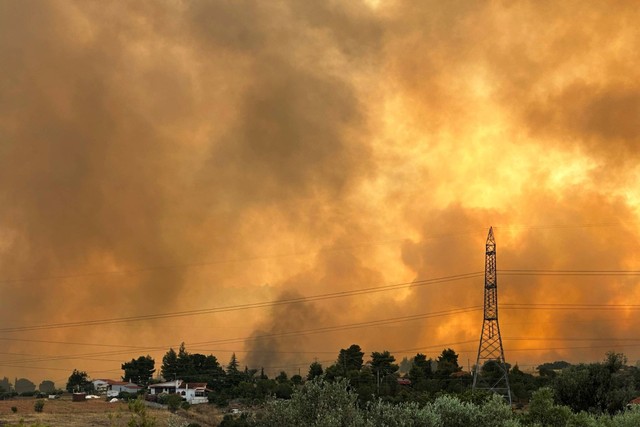 Asap mengepul dari kebakaran hutan di dekat desa Agios Sotira, sebelah barat Athena, Yunani, Kamis (20/7/2023). Foto: Fedja Grulovic/REUTERS