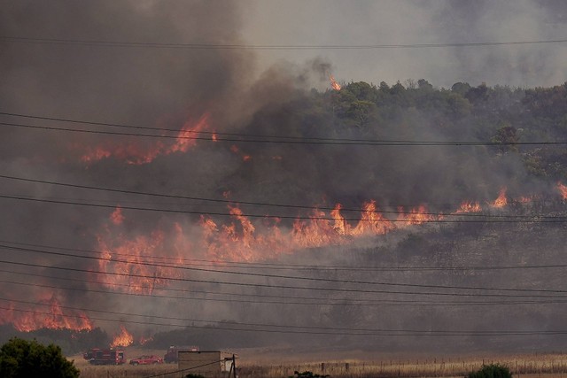 Kebakaran hutan terjadi di dekat desa Agios Sotira, sebelah barat Athena, Yunani, Kamis (20/7/2023). Foto: Fedja Grulovic/REUTERS