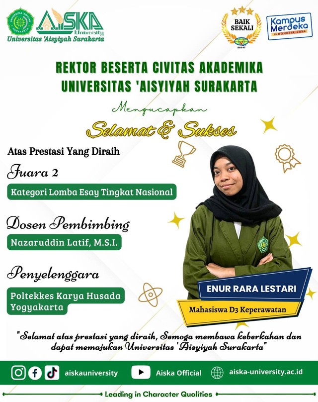 Enur Rara Lestari, mahasiswa AISKA juara 2 Lomba Essay TIngkat Nasional yang diadakan oleh Poltekkes Karya Husada Yogyakarta. (dok)