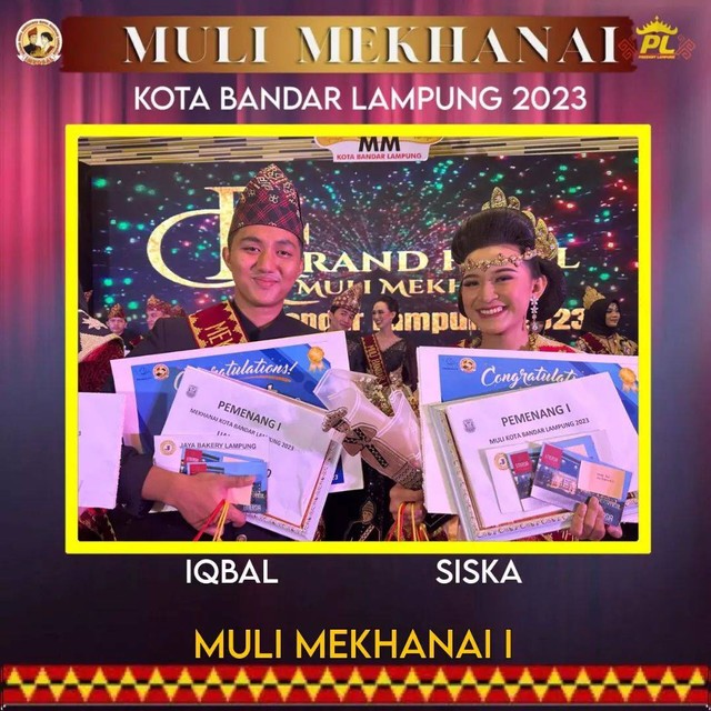 Muli Mekhanai Kota Bandar Lampung Tahun 2023, Eka Siska dan Iqbal Kurniawan. | Foto: Instagram/peagant.lampung