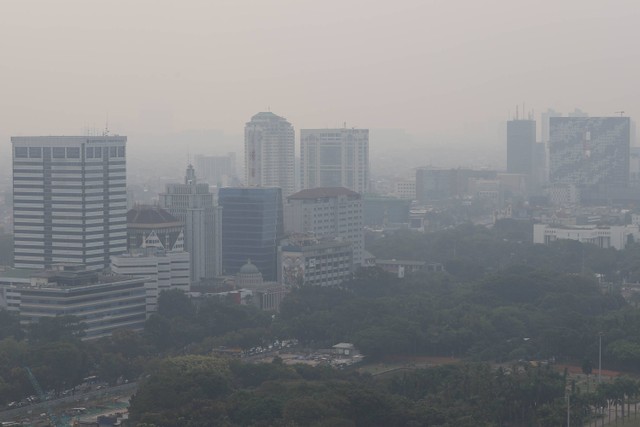 Suasana Jakarta difoto dari atas gedung Perpusnas terlihat samar karena polusi udara, Selasa (25/7/2023).  Foto: Jamal Ramadhan/kumparan