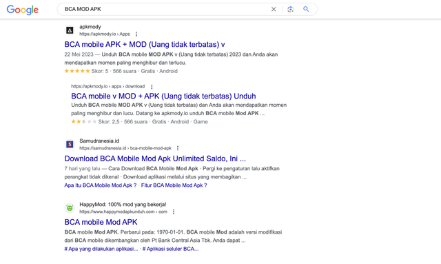 Hati-hati, jangan asal unduh aplikasi BCA Mobie MOD APK. Tangkapan layar dari Google 